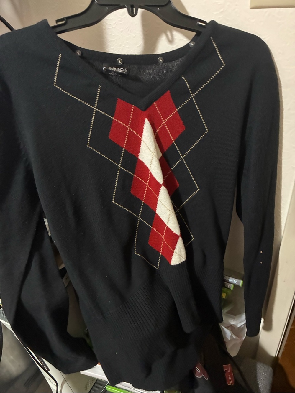 George Black Sweater with Red & Cream Argyle Pattern